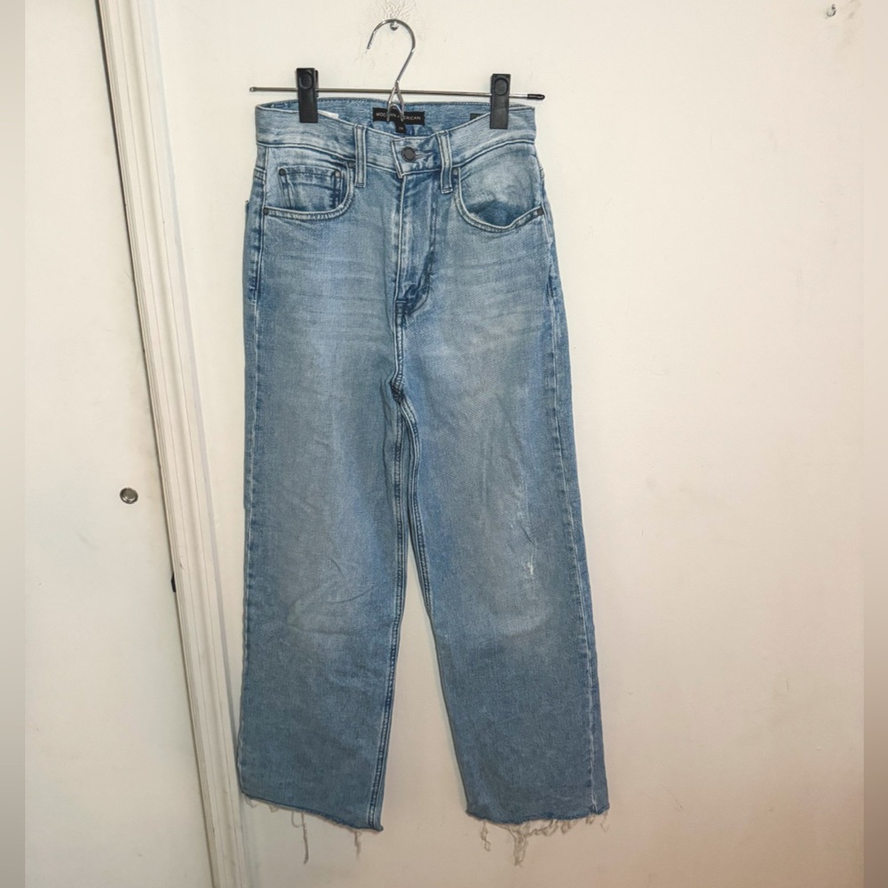 Modern American high waist cropped wide leg jeans, raw hem, blue wash, size 24